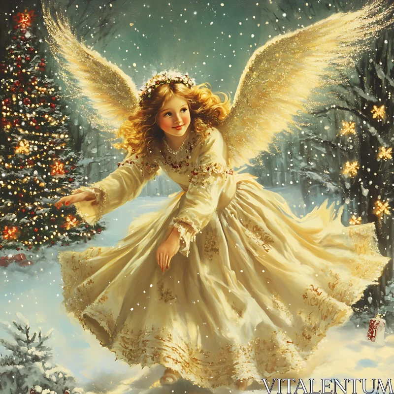 AI ART Golden Angel Christmas Eve Snowfall