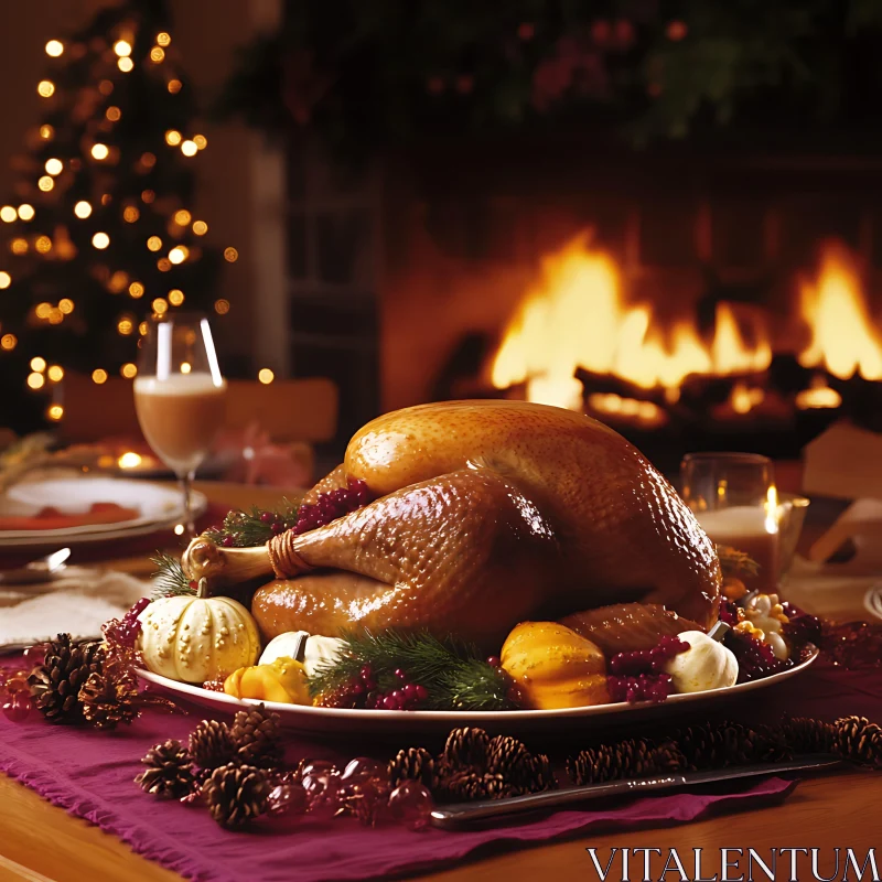 Holiday Feast: Turkey by the Fire AI Image