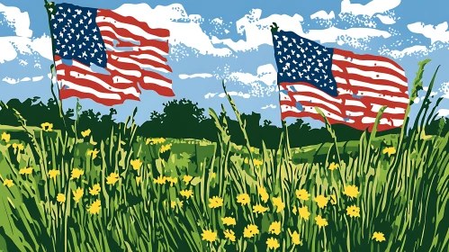 Patriotic Field with American Flags Art