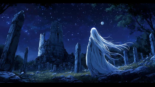 Starry Night Guardian Over Ancient Ruins