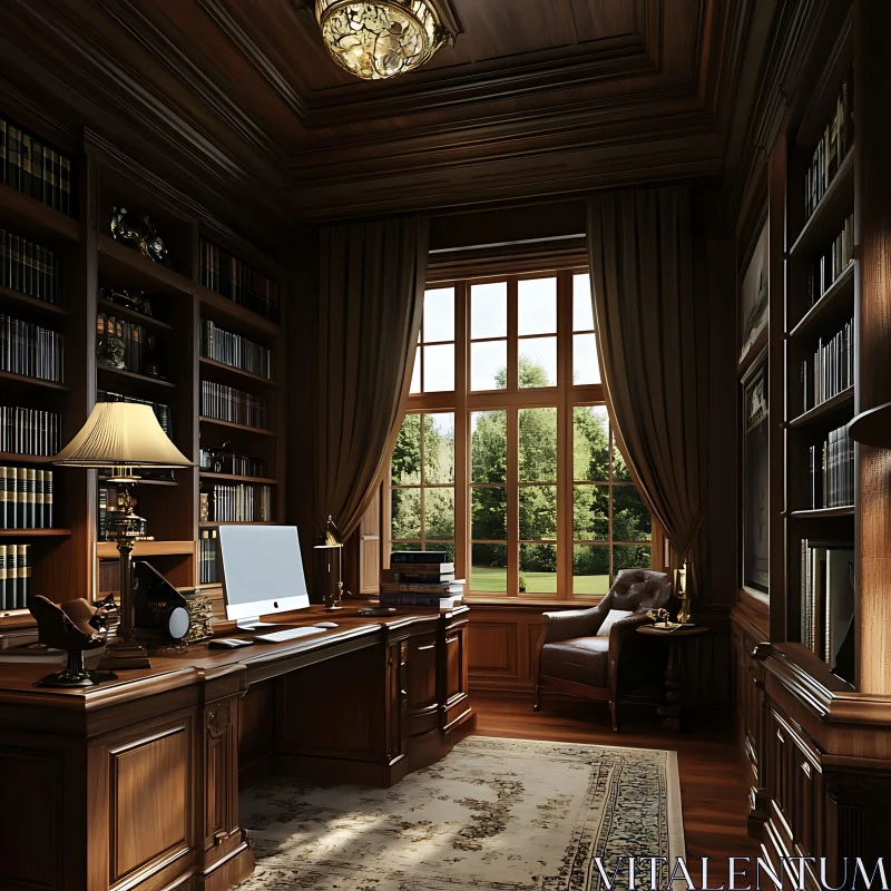 Classic Library with Bookshelves and Desk AI Image