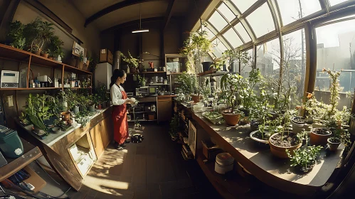 Sunlit Greenhouse with Woman Gardener