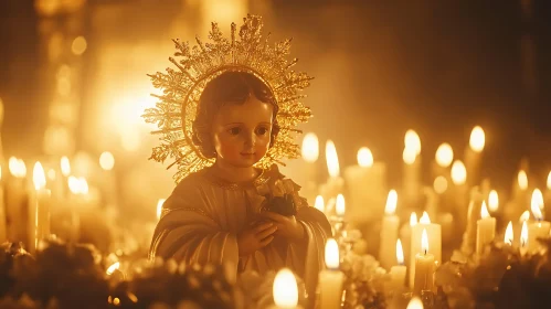 Golden Crowned Child Statue and Candles