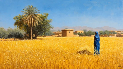 Woman in Blue in a Wheat Field