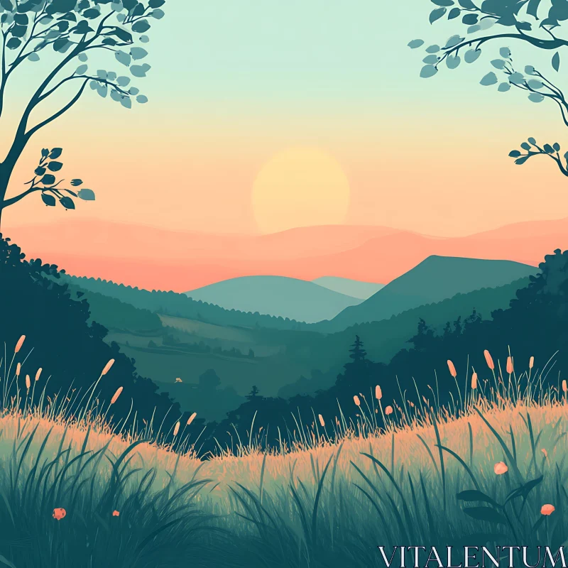 AI ART Tranquil Sunset Over Mountain Meadow