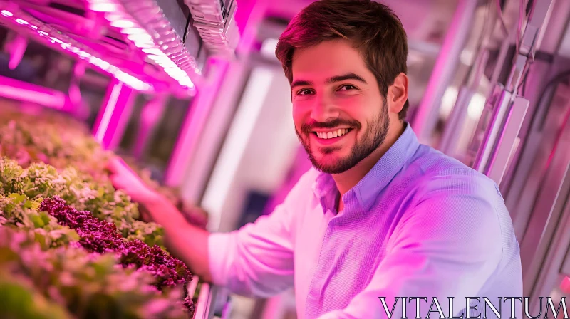 Man Cultivating Greens Under Pink Lights AI Image