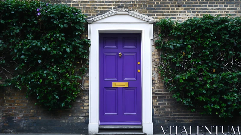 Ivy-Framed Purple Door in Brick Wall AI Image