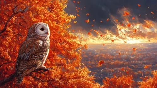 Autumn Owl and Glowing Sunset