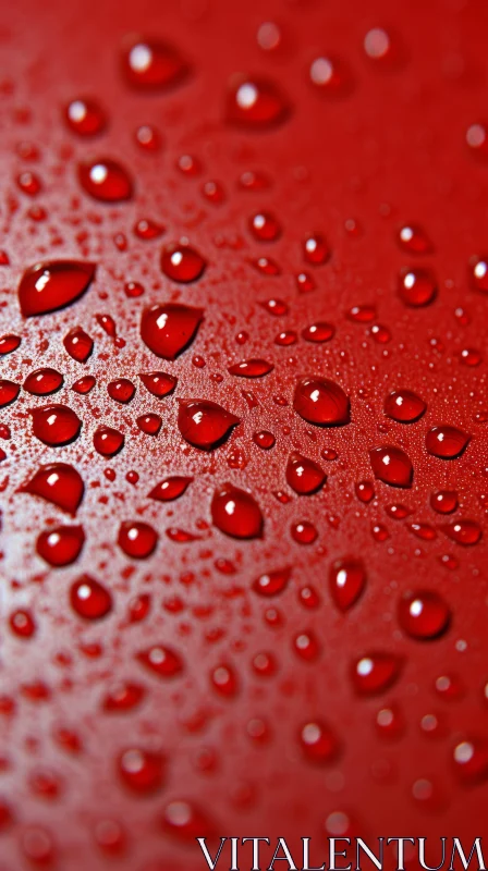 Detailed Macro Photography of Raindrops on Red Surface AI Image