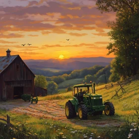 Sunset on the Farm with Tractor