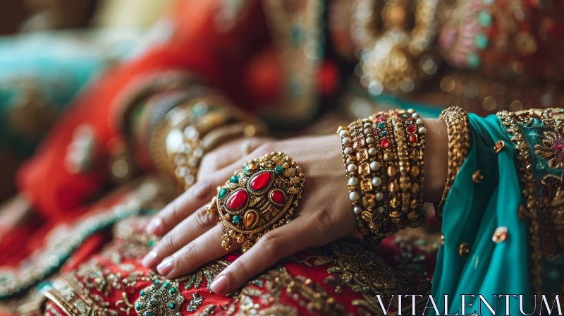 Elegant Woman's Hand with Gold Ring and Bracelets AI Image