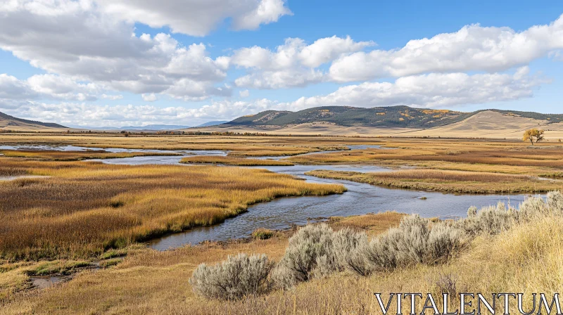 AI ART Golden Grassland and Streams with Mountainous Backdrop