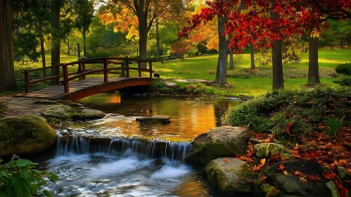 Wooden Bridge in Autumn Forest Landscape