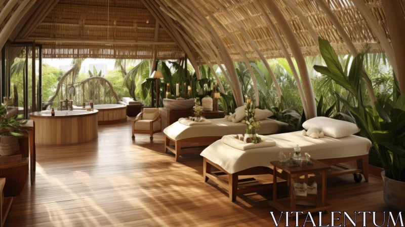 Luxurious and Organic Interior with Tropical Plants and Bamboo Wood Beds AI Image