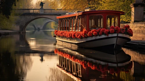 Romantic Red Boat on River - Captivating and Serene