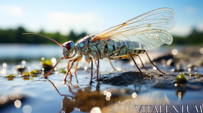 Shimmering Cicada by Lakeside: A Study in Aquamarine and Gold AI Image