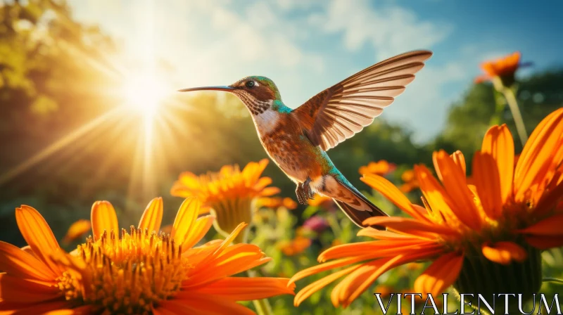 Sun-Kissed Hummingbird Amidst Blooming Flowers - A Display of Nature's Palette AI Image