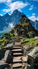 Wooden Staircase Leading to a Majestic Mountain Peak