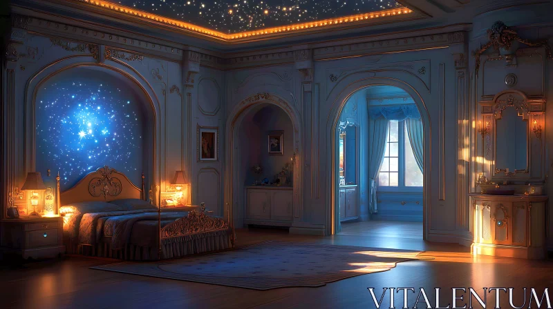 Luxury Bedroom with Starry Night AI Image