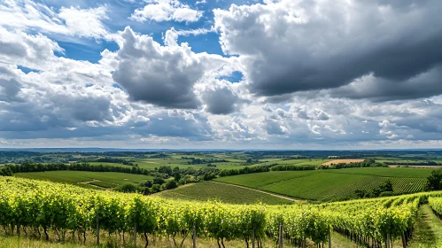 Lush Vineyard Under Cloudy Skies