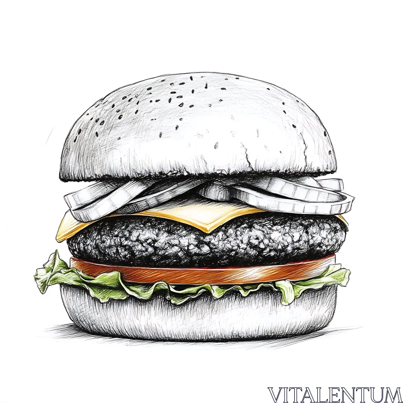 Classic Burger Illustration with Cheese, Lettuce, and Onions AI Image