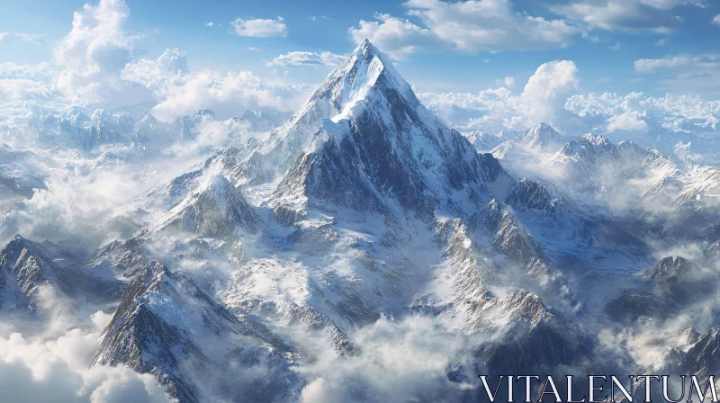 Serene Snowy Peaks and Fluffy Clouds AI Image