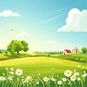 Cartoon Landscape of a Green Meadow with Flowers