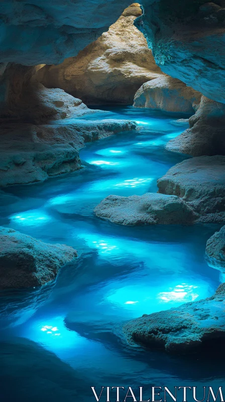 AI ART Blue-Lit Waterway in an Enchanted Underground Cave