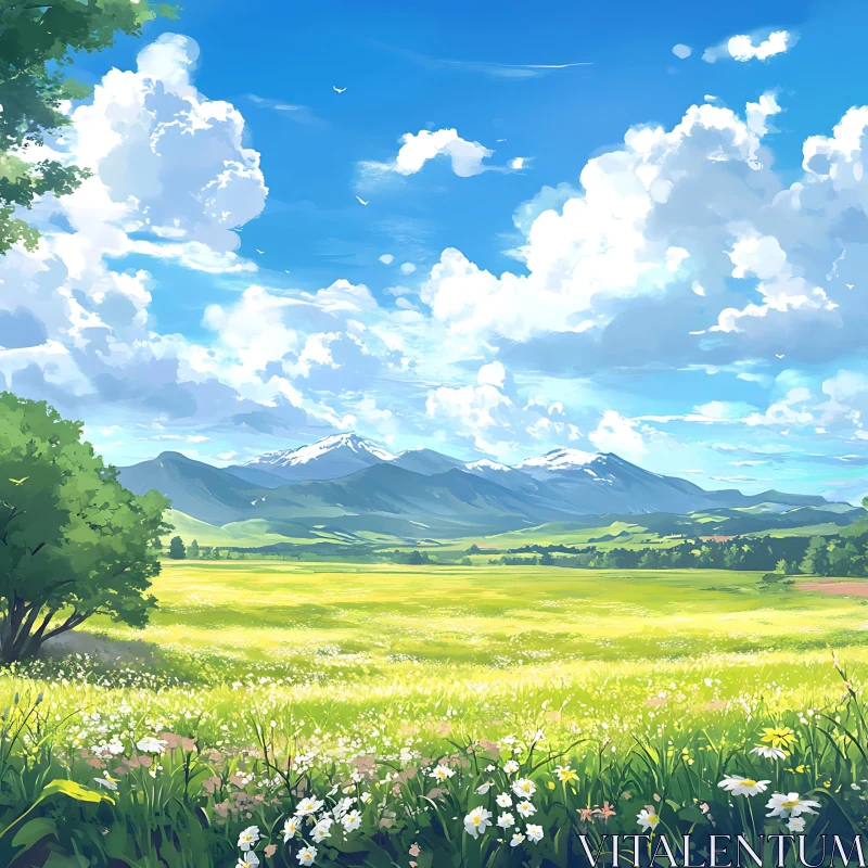 AI ART Picturesque Green Meadow and Mountain View