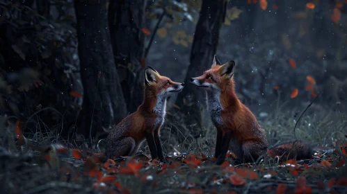 Two Foxes in Autumn Forest