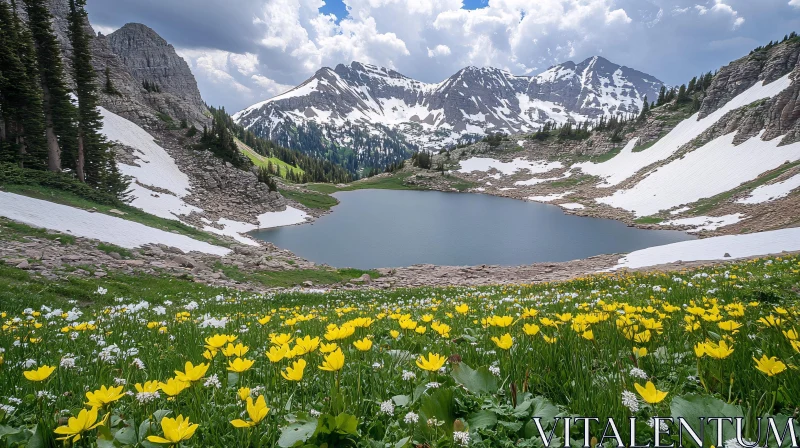 AI ART Snow-Capped Mountains and Alpine Lake with Flowers