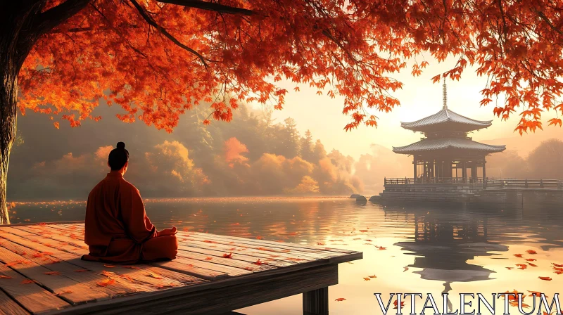 Autumn Meditation at Lakeside Temple AI Image