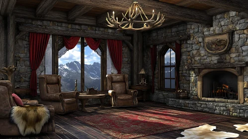 Cozy Stone Cottage Interior with Mountain View