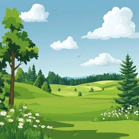 Cartoon Green Field with Flowers