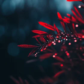 Red Leaves with Dew Drops and Blurred Lights