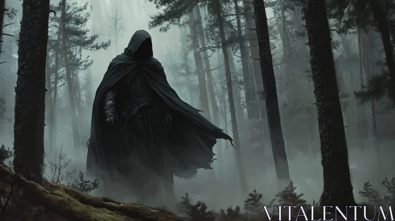 AI ART Cloaked Figure in Misty Woods