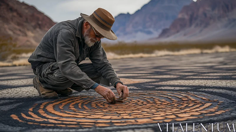 Man Designing Concentric Stone Circles in Arid Desert AI Image