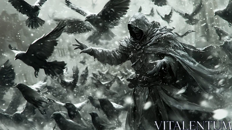 AI ART Monochrome Scene: Cloaked Figure and Crows