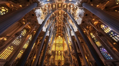 Cathedral Interior with Stained Glass Windows