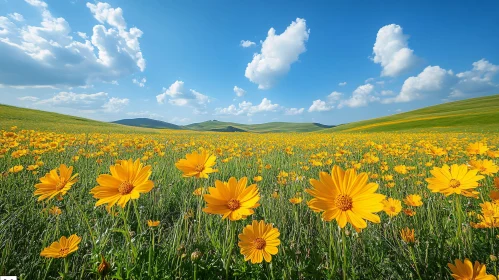 Yellow Flowers Field, Blue Sky and Clouds