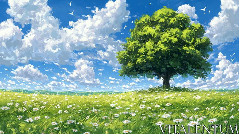 AI ART Scenic Meadow Landscape with Solitary Tree