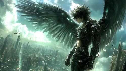 Cyberpunk Angel Overlooking Metropolis