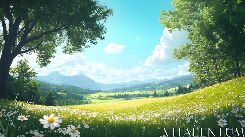 AI ART Peaceful Daisy Meadow and Mountain Vista