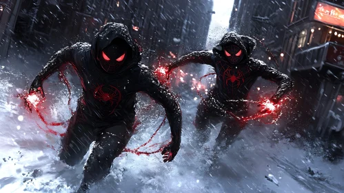 Figures in Black Suits Running in Snow