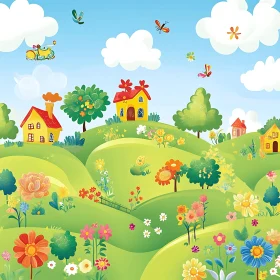 Whimsical Cartoon Flower Field