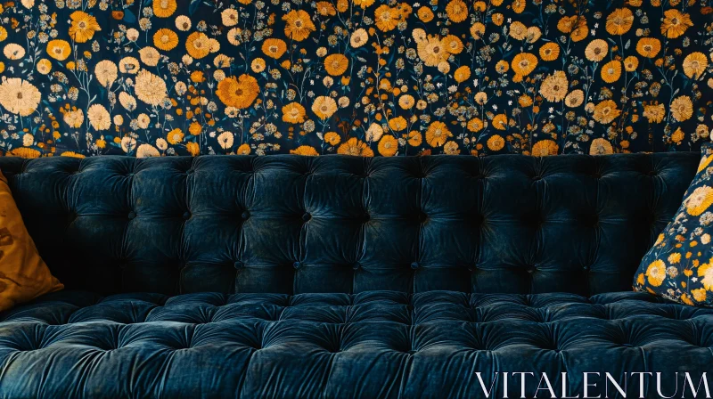 Vintage Floral Interior with Velvet Couch AI Image