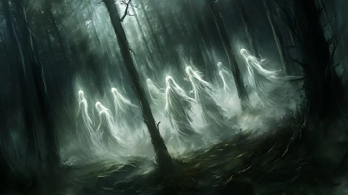 Ghostly Figures in Misty Woods