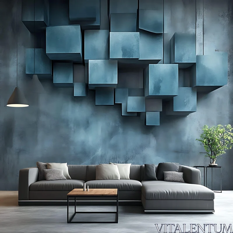 AI ART Stylish Living Room with Geometric Wall Art