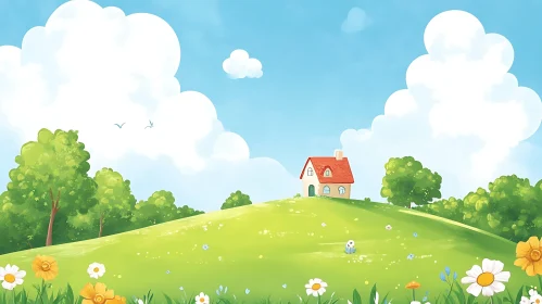 Cartoon House Landscape with Flowers