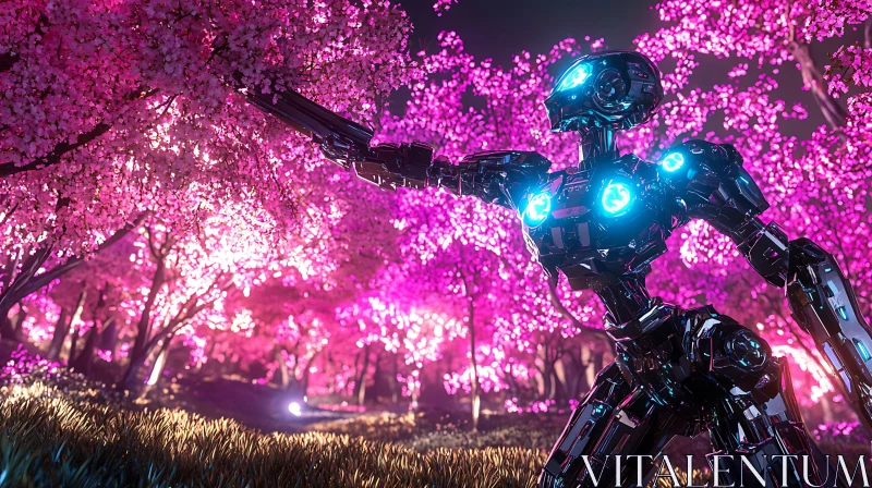 Cyborg in Blooming Cherry Blossom Forest AI Image